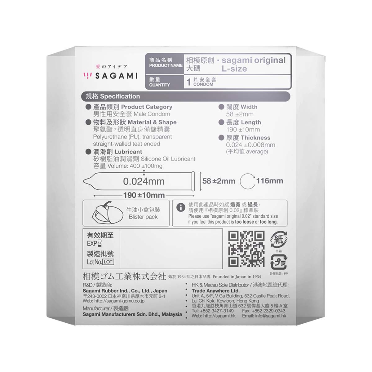 Sagami 相模原創 0.02 大碼 58mm 1 片裝 PU 安全套